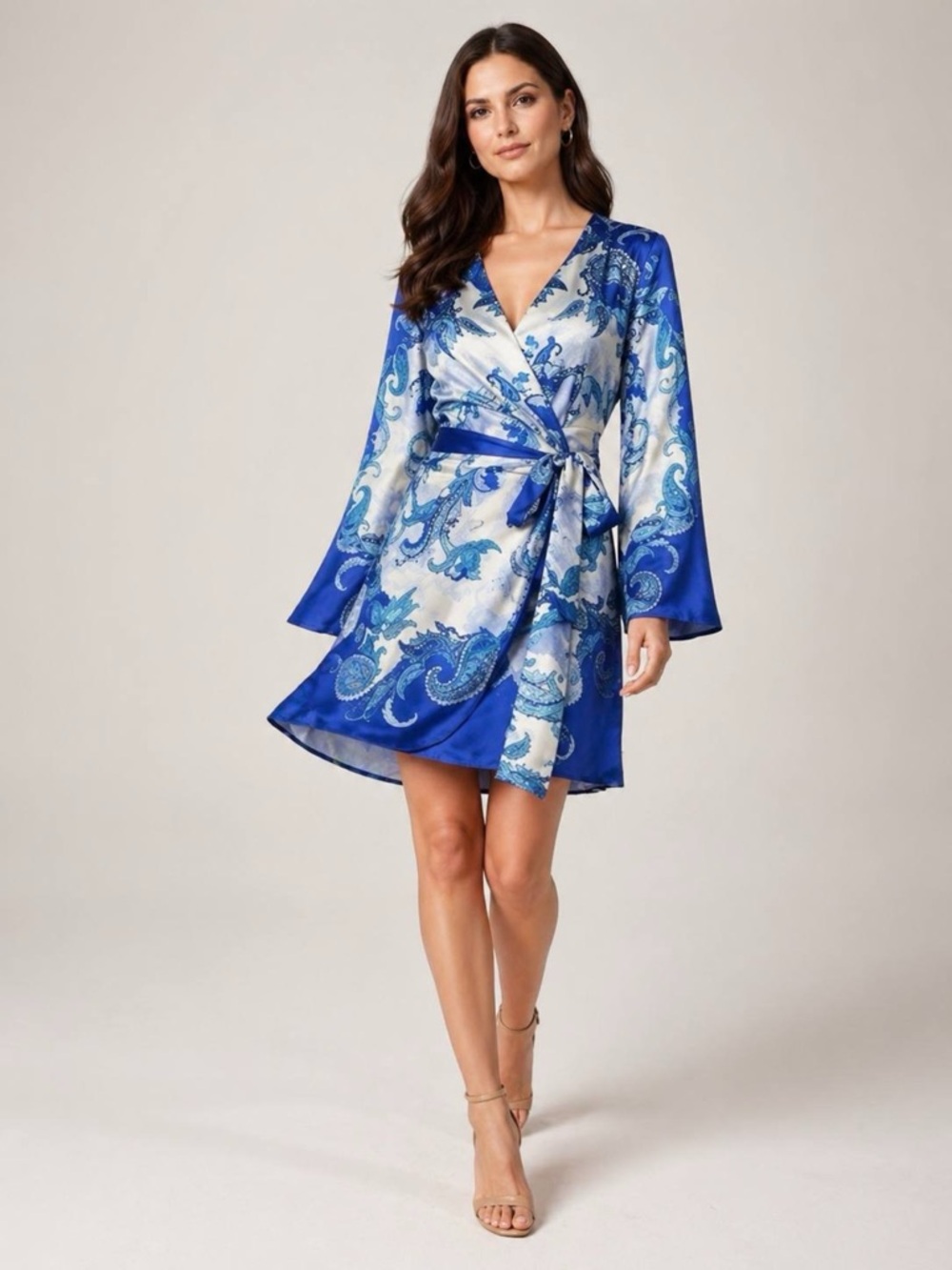 Gianni Bini Blue Paisley Satin Wrap Dress Bell Sleeve NWT Size L